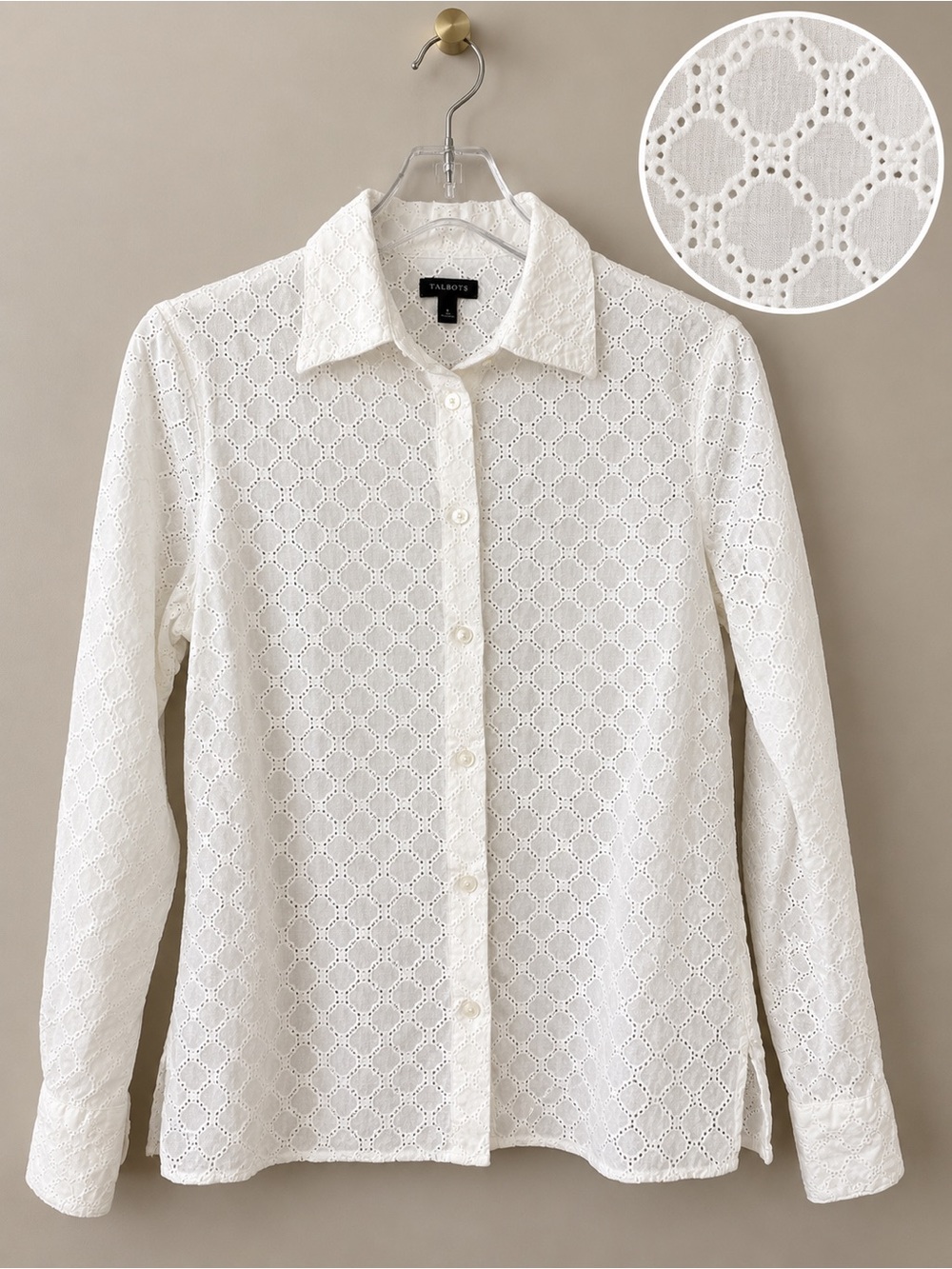Talbots White Cotton Eyelet Button Down Shirt Blouse Long Sleeve SM Cottagecore